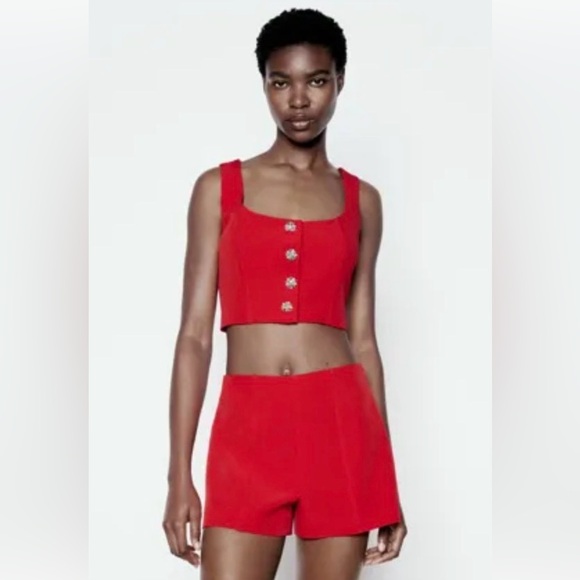 ZARA  Bright Red Crop Top with Button Accents extra small - Picture 3 of 10